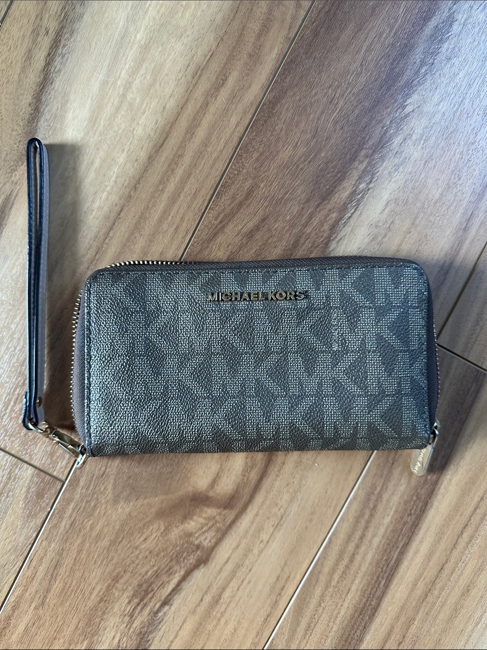 Michael Kors Chocolate MK Logo Zip-Around Wristlet
